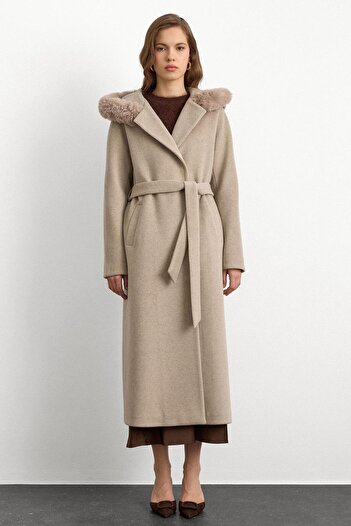 Olcay Fur Hooded Belted Long Coat Stone 3107