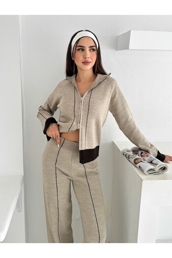 MAXXANA Stand Collar Cardigan and High Waist Pants Two-Piece Knitwear Set