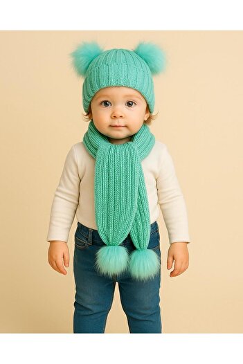 ŞAPKAKİDS Aqua Green Double Pom-Pom Knitwear Scarf Beanie Set