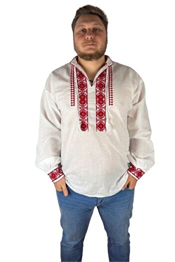 rody's forever Men’s traditional Romanian shirt CPB3 white crystal/burgundy red size L