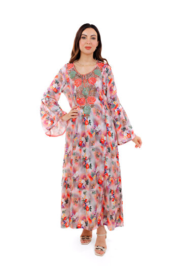 amaan Women's Luxury Floral Embroidered Jalabiya, Rayon Cotton Dress with Bell Sleeves, Arabic Style
