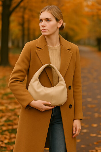 torime Moon Form Vegan Leather Shoulder Bag with Knitted Stitch Detail