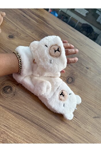 Blotch Winter Teddy Bear Figured Young Adult Fingerless or Closed Cream Color Fluffy Plush Gloves