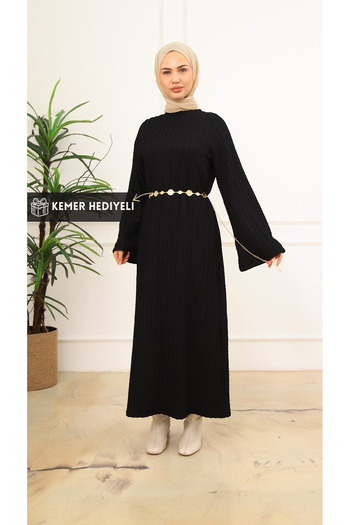 VENT GİYİM Women's Knitted Fabric Hijab Dress with Belt Gift - Stretchy Fabric, Casual and Stylish Model