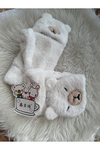 Blotch Winter Teddy Bear Figured Young Adult Fingerless or Closed Cream Color Fluffy Plush Gloves
