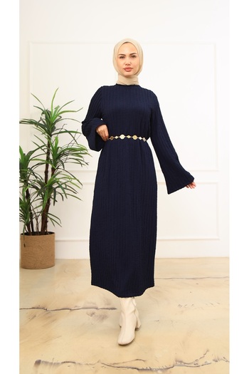 VENT GİYİM Women's Knitted Fabric Hijab Dress with Belt Gift - Stretchy Fabric, Casual and Stylish Model