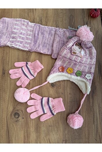 Blotch Girl's Pink Colorful Button Detailed Lace Scarf Beanie Gloves Set
