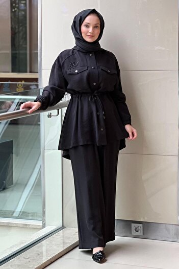 Nuss Hooded Stone Embroidered Waist Drawstring Cap Pants Set