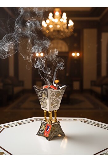 aljahwari Stainless steel incense burner, engraved with nickel and gold engraving, length 21 cm, medium
