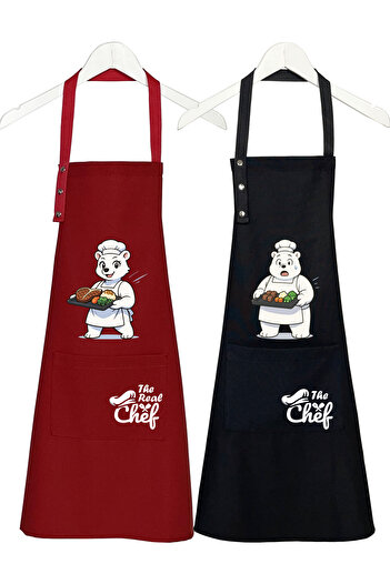 Hulganz Kitchen Apron Set of 2, Stain Resistant, Water Repellent Fabric, Colorfast Print, Chef Teddy Bear Patterned Double Apron