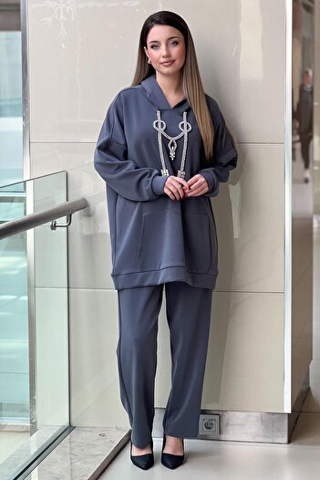 Ghisa Hooded Kangaroo Pocket Necklace Stone Embroidered Tunic Pants Set