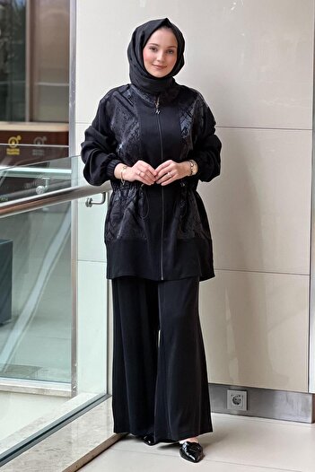 Nuss Jacquard Patterned Waist Drawstring Cap Pants Set
