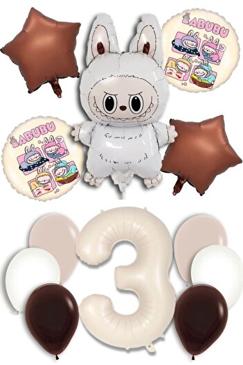 PARTİAVM Yaş Labubu Balloon Abubu Baby Birthday Set Cream Number Flying Balloon Coffee White Sand Color Balloon