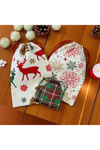 Poros Store Gift Package 20X30Cm Christmas Snowflake and Deer Patterned and 12X14Cm Checkered Fabric Pouch Set of 3