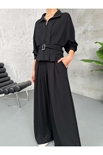 HARMONY GLOBAL Women's Black Belted Modal Fabric Two-Piece Set – Wide-Leg Pants and Zippered Top 7538