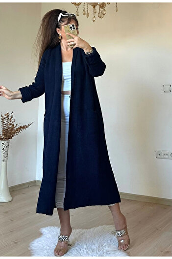 AZRA BUTİK Long Loose Cardigan Navy Blue