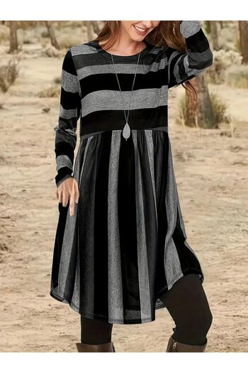 Nnstartshopping Women's Long Sleeve Crew Neck Striped Pattern Detailed Single Jersey Mini Dress
