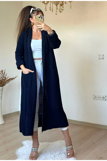 AZRA BUTİK Long Loose Cardigan Navy Blue