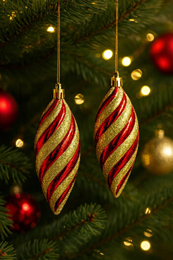 Huzur Party Store Damla Form Christmas Pine Tree Ornament 2 Pieces 12 cm Glittery Red Gold Striped Shiny New Year Decorative