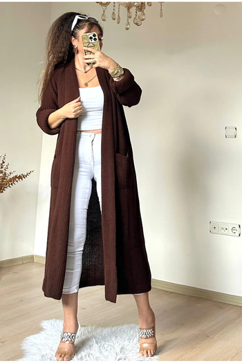 AZRA BUTİK Long Loose Cardigan Bitter Brown