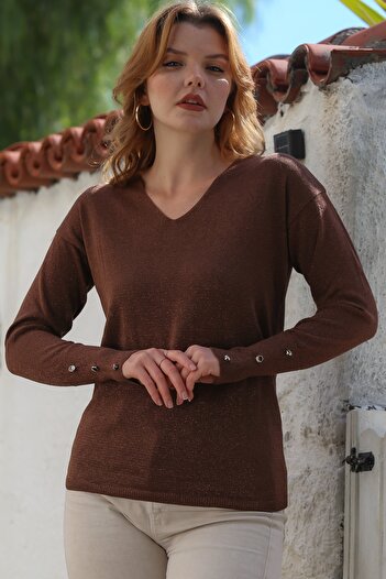 Chiccy Brown V-Neck Long Sleeve Buttoned Slim Glitter Knitwear Sweater 63 58