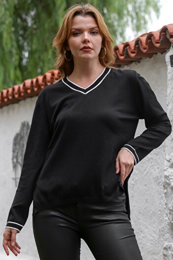Chiccy Black V-Neck Long Sleeve Slim Slit Knitwear Sweater 65 60