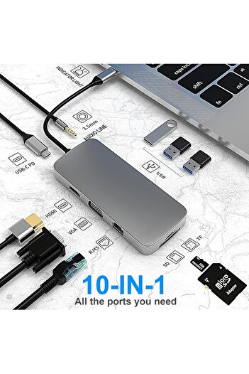 Generic 10-in-1 USB C Hub Docking Station with 4K HDMI, VGA, USB 3.0, Ethernet, SD/TF & 3.5mm AUX - Compatib