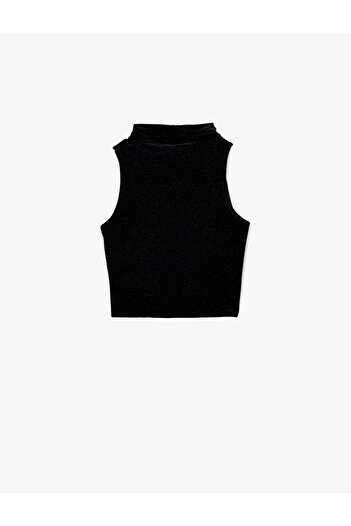 Koton Sleeveless Slim Fit Turtleneck Glitter Crop Velvet Top