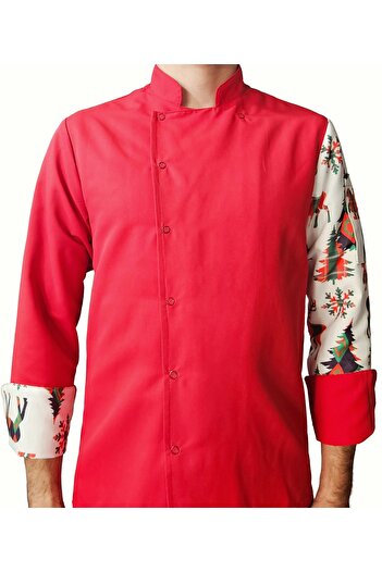 Ant Rotagrup Üniforma ve İş Elbiseleri Chef Jacket Patterned Unisex Snap Fastener Long Sleeve Chef Cook Kitchen Jacket Deer Patterned