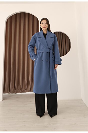 Hazel Women's Indigo Double-Breasted Oversized Belted Long Cashmere Coat