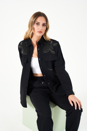 MİA NOURA Women's Oversize Shirt with Beaded Embroidery on the Front and Back in Gabardine Fabric