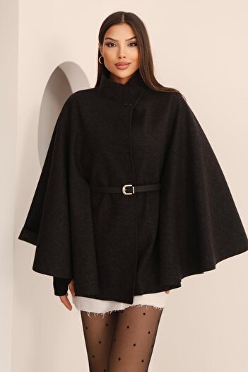 Hazel Women's Black Belt Detailed Cape Poncho Coat