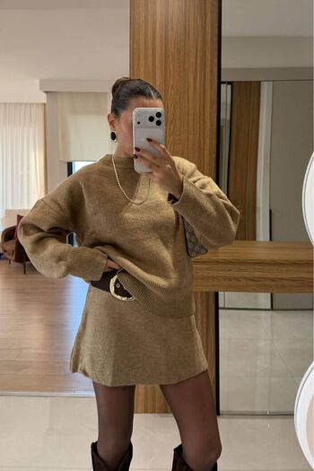 Mon Astre Camel Knitwear Bottom Top Sweater Skirt Set
