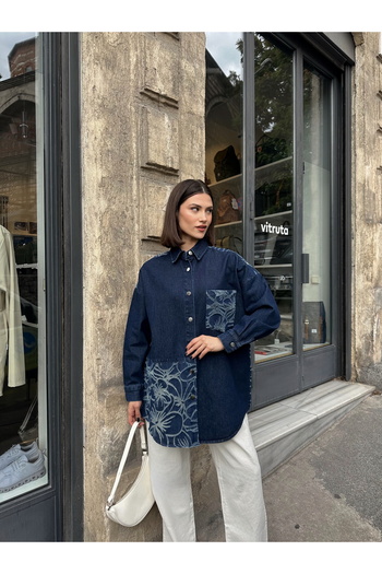 MİA NOURA Women's Denim Shirt Jacket with Special Design on the Front and Back