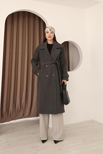 Hazel Women's Anthracite Double-Breasted Oversize Belted Long Cashmere Coat