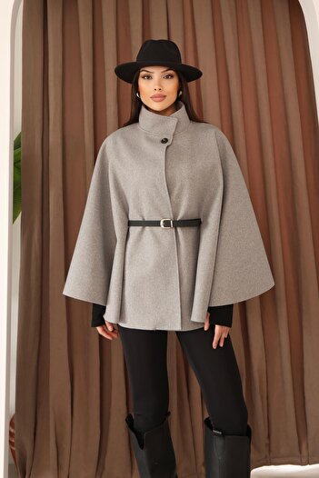 Hazel Women's Gray Belt Detailed Cape Poncho Coat