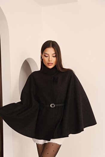 Hazel Women's Black Belt Detailed Cape Poncho Coat