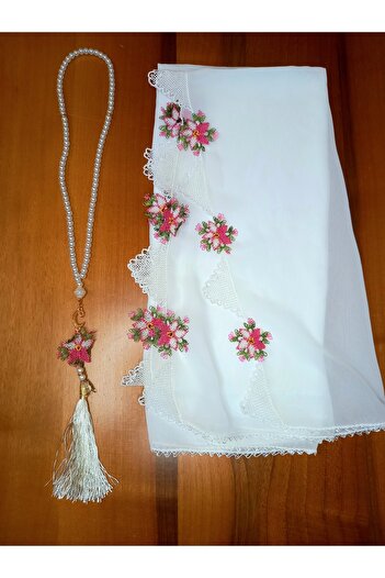 yörük tuhafiye Real Handcrafted Needlework, Prayer Rug White Mevlüt Rug and Needlework Prayer Beads Set