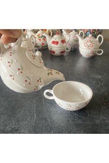 RGS HOMELİFE Single Person Flower and Fruit Pattern Ceramic Teapot Mug Set Gift Decorative Domestic Production
