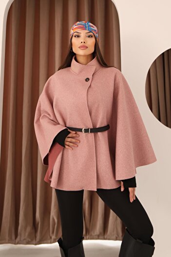 Hazel Women's Pink Belt Detailed Cape Poncho Coat