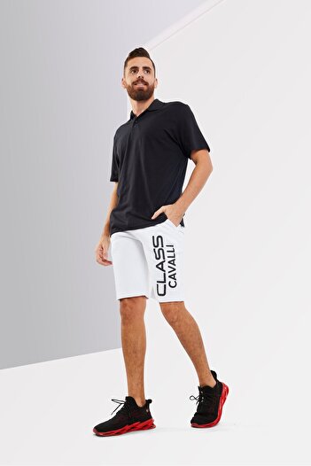 Cavalli Class Men Drawstring Graphic Print Basic Shorts, White