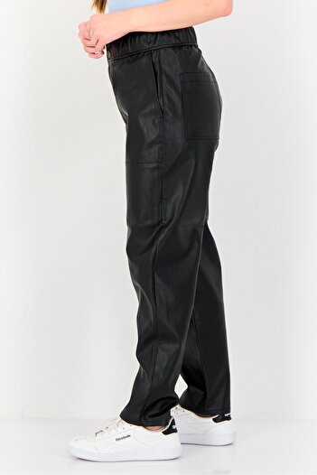 Reiko Women Baggy Fit Solid Faux Leather Straight Leg Pants, Black
