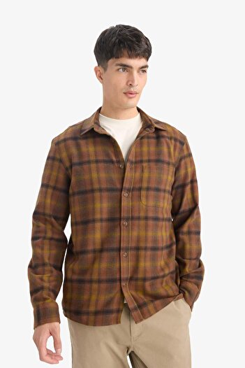DeFacto Regular Fit Polo Yaka Kareli Flanel Uzun Kollu Gömlek E8183AX25WN