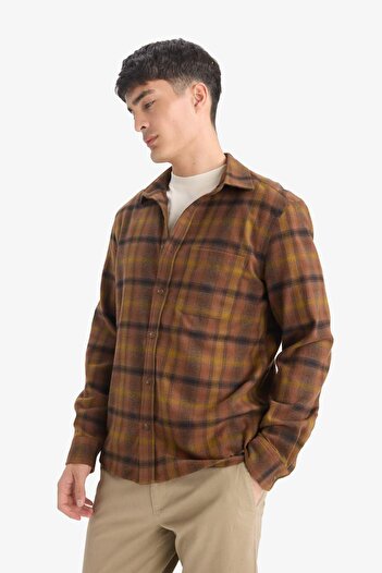 DeFacto Regular Fit Polo Yaka Kareli Flanel Uzun Kollu Gömlek E8183AX25WN