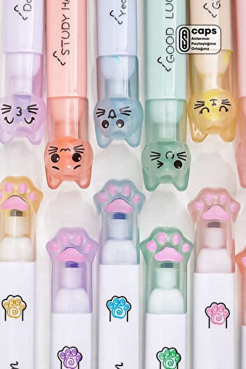 caps office 6 Piece Paw-Shaped Highlighter Pen Set – Cute Paw-Shaped Cap Highlighter Set in Pastel Colors