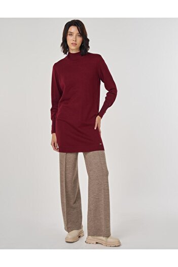 Kayra Turtleneck Basic Viscose Knitwear Tunic Dark Burgundy