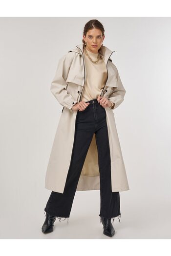 Kayra Drawstring Waist Stand Collar Parka Stone