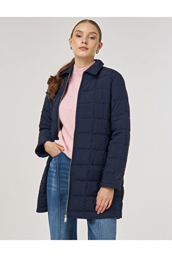 Kayra Knitted Stitched Short Anorak Coat Navy Blue