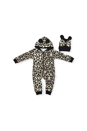 atabay Fitted Leopard Printed Jumpsuit with Hat Black