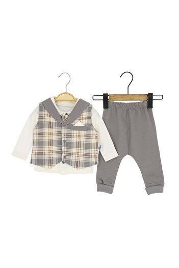 atabay Plaid Bow Tie Vest and Triple Combed Cotton Bottom-Up Set Gray